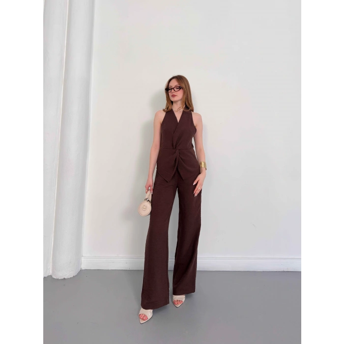 Ön Büzgü Detaylı Yelekli Takım Kahve