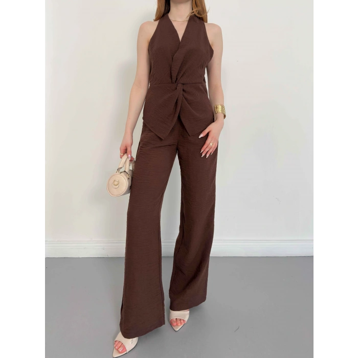Ön Büzgü Detaylı Yelekli Takım Kahve