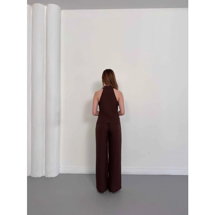 Ön Büzgü Detaylı Yelekli Takım Kahve