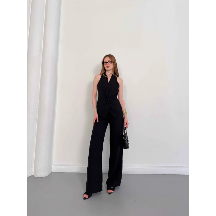 Ön Büzgü Detaylı Yelekli Takım Siyah