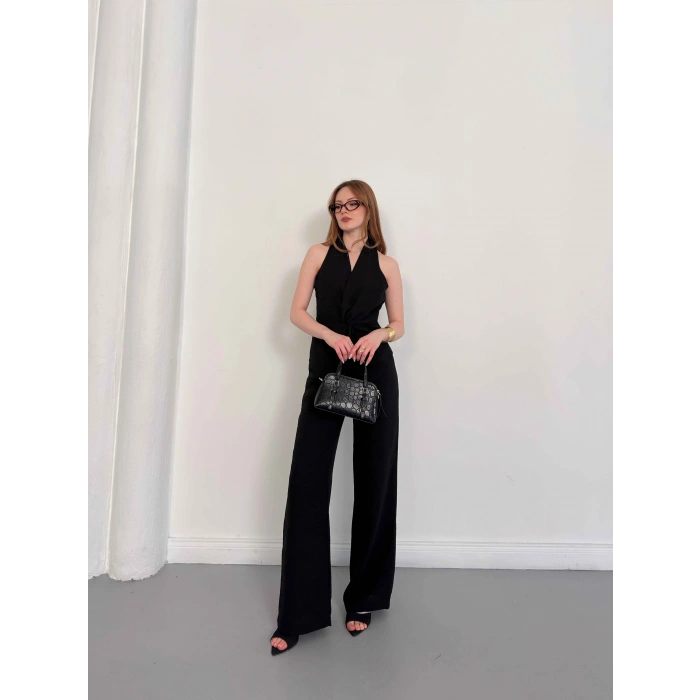 Ön Büzgü Detaylı Yelekli Takım Siyah