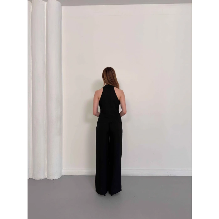 Ön Büzgü Detaylı Yelekli Takım Siyah