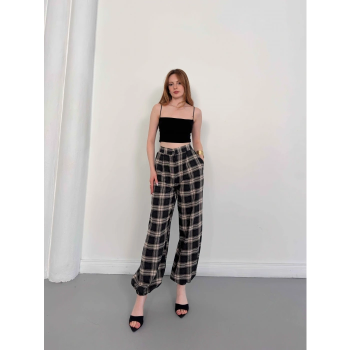 Ekose Yüksek Bel Paça Lastikli Pantolon Siyah