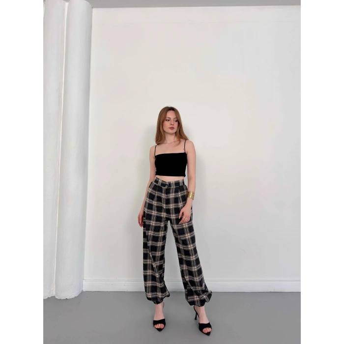 Ekose Yüksek Bel Paça Lastikli Pantolon Siyah