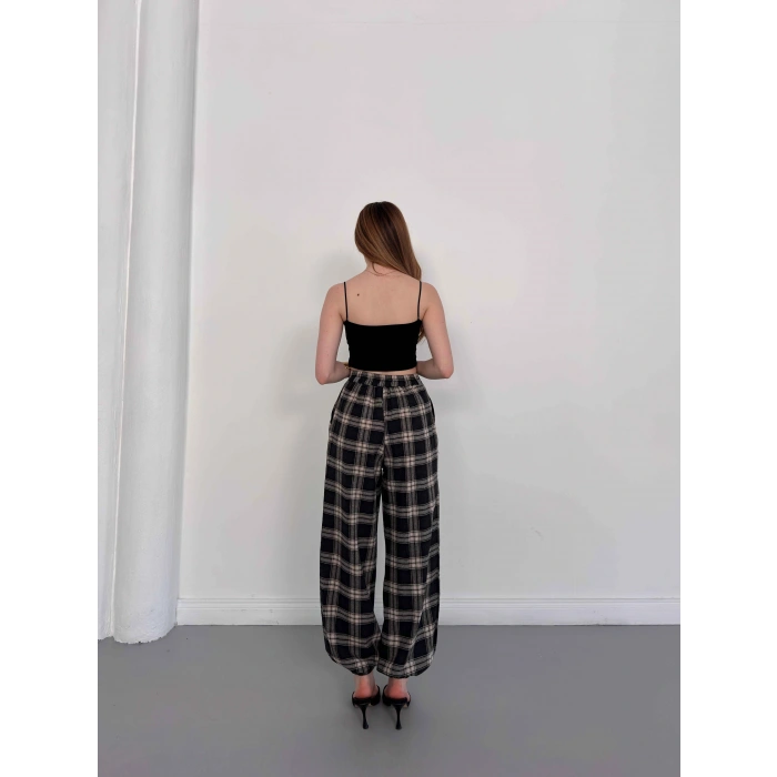 Ekose Yüksek Bel Paça Lastikli Pantolon Siyah