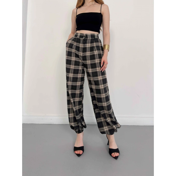 Ekose Yüksek Bel Paça Lastikli Pantolon Siyah