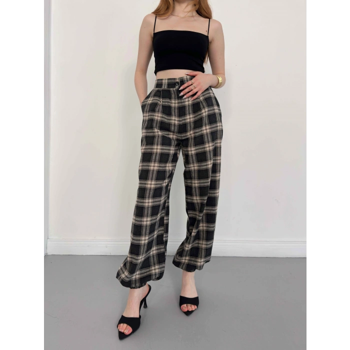 Ekose Yüksek Bel Paça Lastikli Pantolon Siyah