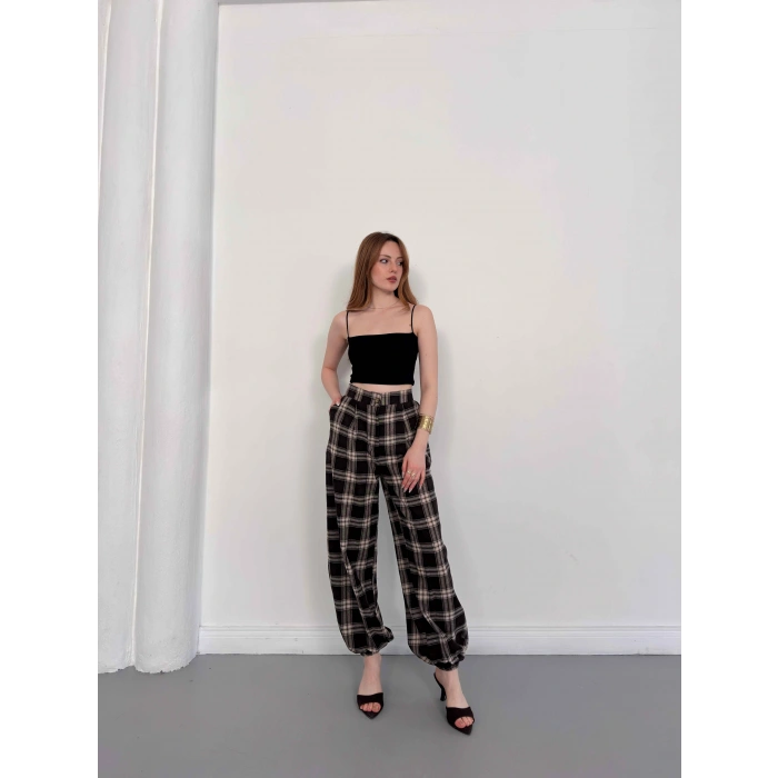 Ekose Yüksek Bel Paça Lastikli Pantolon Kahve