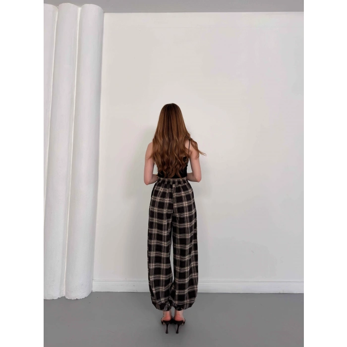 Ekose Yüksek Bel Paça Lastikli Pantolon Kahve