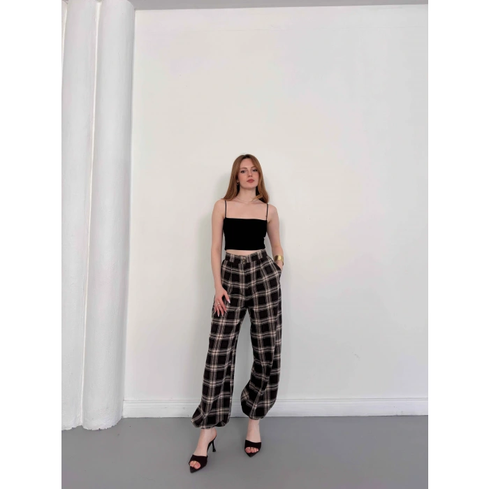 Ekose Yüksek Bel Paça Lastikli Pantolon Kahve
