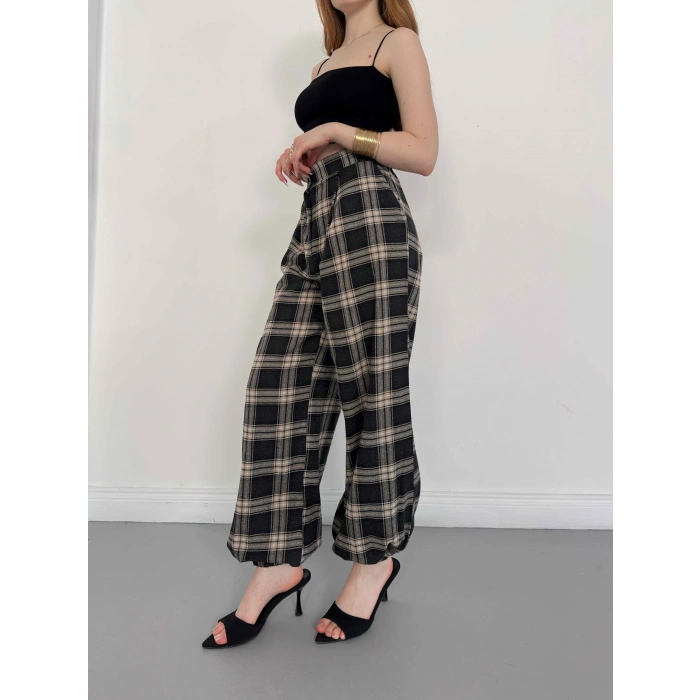 Ekose Yüksek Bel Paça Lastikli Pantolon Kahve