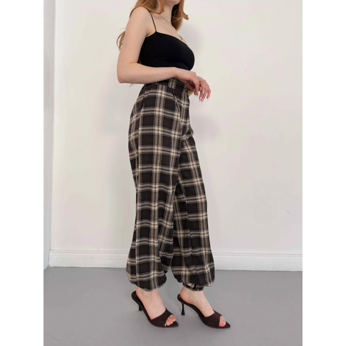 Ekose Yüksek Bel Paça Lastikli Pantolon Kahve