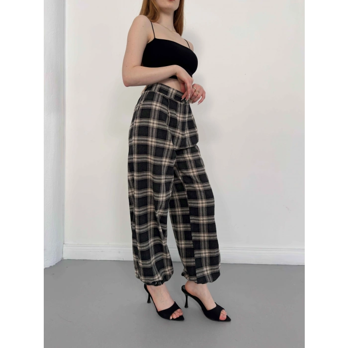 Ekose Yüksek Bel Paça Lastikli Pantolon Kahve