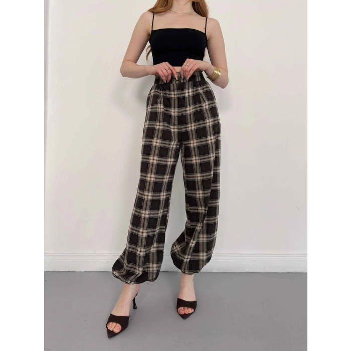 Ekose Yüksek Bel Paça Lastikli Pantolon Kahve