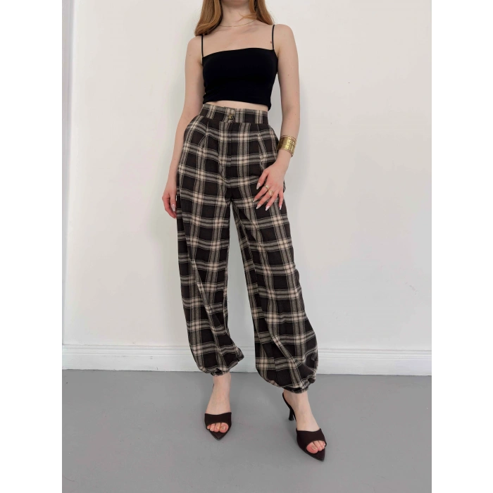 Ekose Yüksek Bel Paça Lastikli Pantolon Kahve