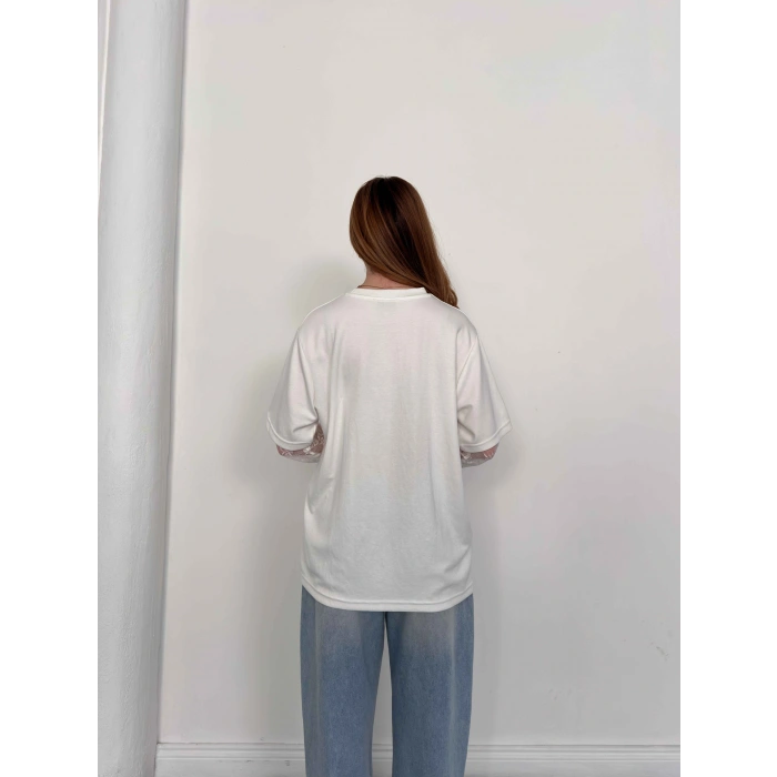 Kol Dantel Detaylı Oversize Tişört Beyaz