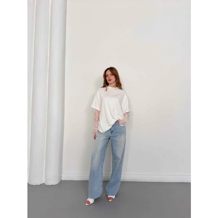 Kol Dantel Detaylı Oversize Tişört Beyaz