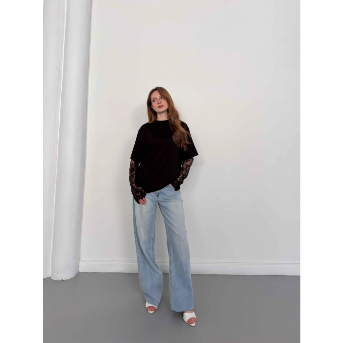 Kol Dantel Detaylı Oversize Tişört Kahve