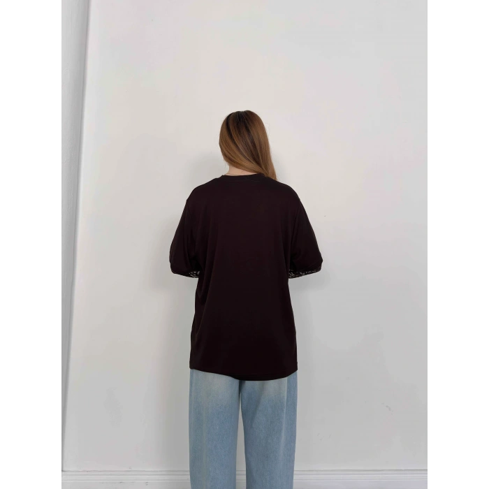 Kol Dantel Detaylı Oversize Tişört Kahve