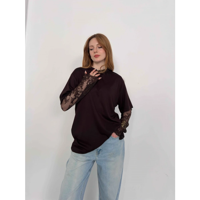 Kol Dantel Detaylı Oversize Tişört Kahve