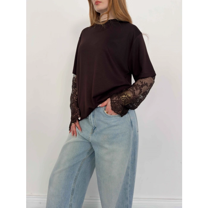 Kol Dantel Detaylı Oversize Tişört Kahve