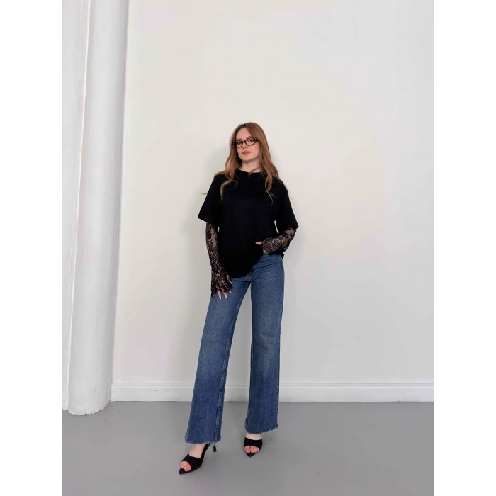 Kol Dantel Detaylı Oversize Tişört Siyah