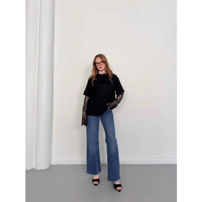Kol Dantel Detaylı Oversize Tişört Siyah