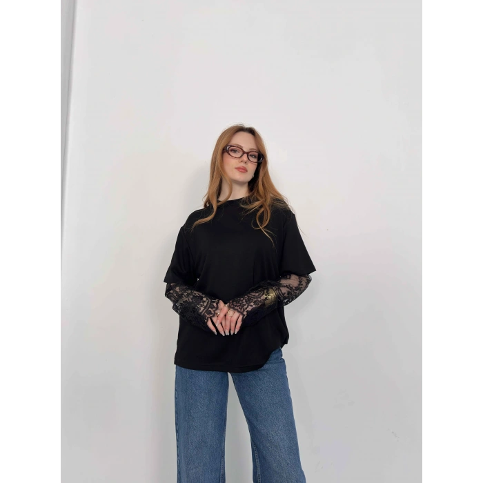 Kol Dantel Detaylı Oversize Tişört Siyah