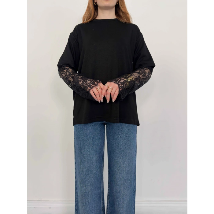 Kol Dantel Detaylı Oversize Tişört Siyah