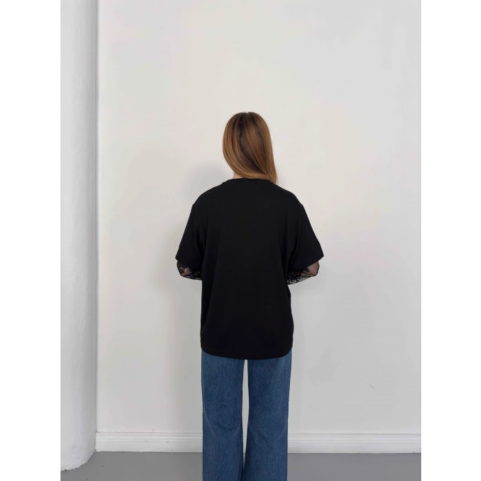 Kol Dantel Detaylı Oversize Tişört Siyah