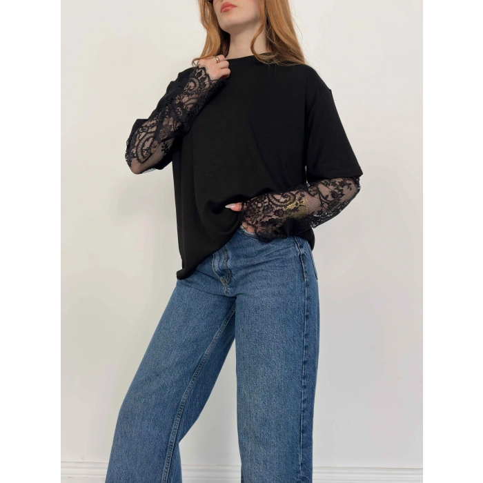 Kol Dantel Detaylı Oversize Tişört Siyah