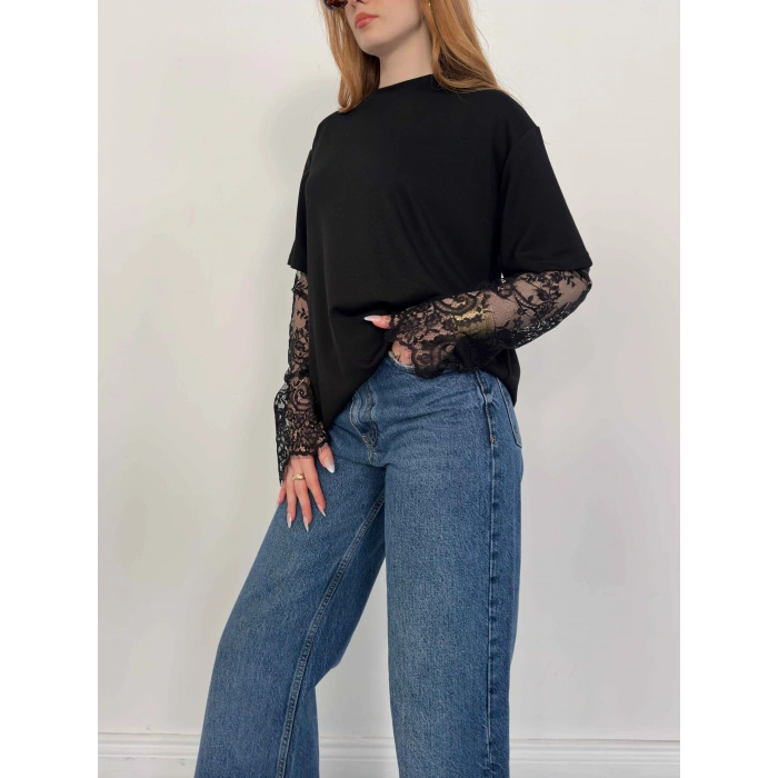 Kol Dantel Detaylı Oversize Tişört Siyah