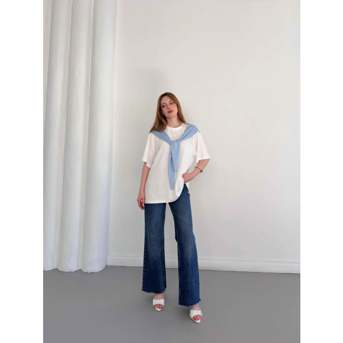 Omuzdan Bağlama Detaylı Oversize Tişört Mavi