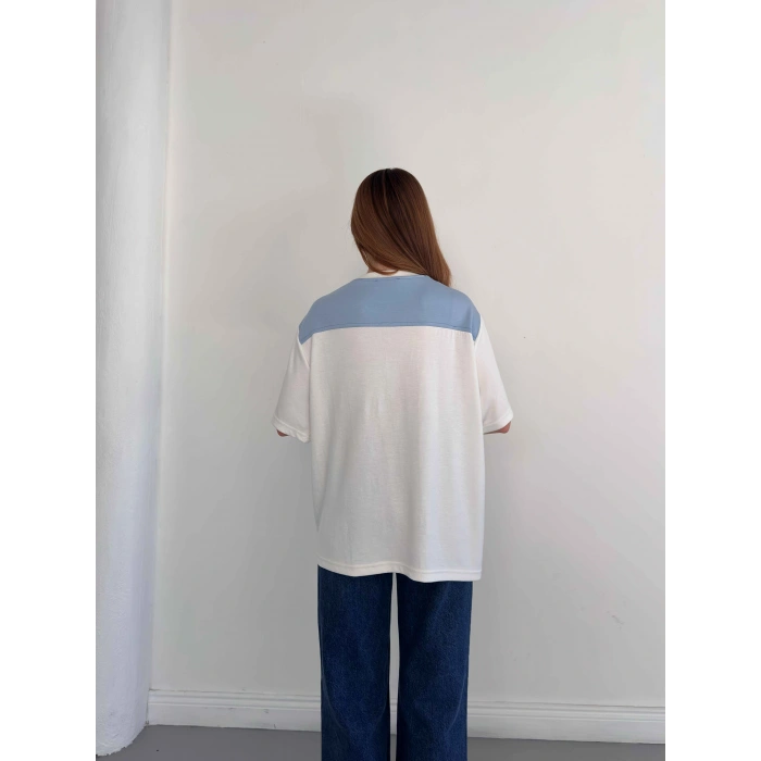 Omuzdan Bağlama Detaylı Oversize Tişört Mavi