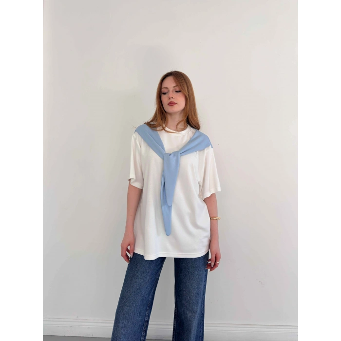 Omuzdan Bağlama Detaylı Oversize Tişört Mavi