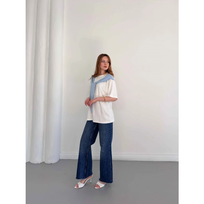 Omuzdan Bağlama Detaylı Oversize Tişört Mavi