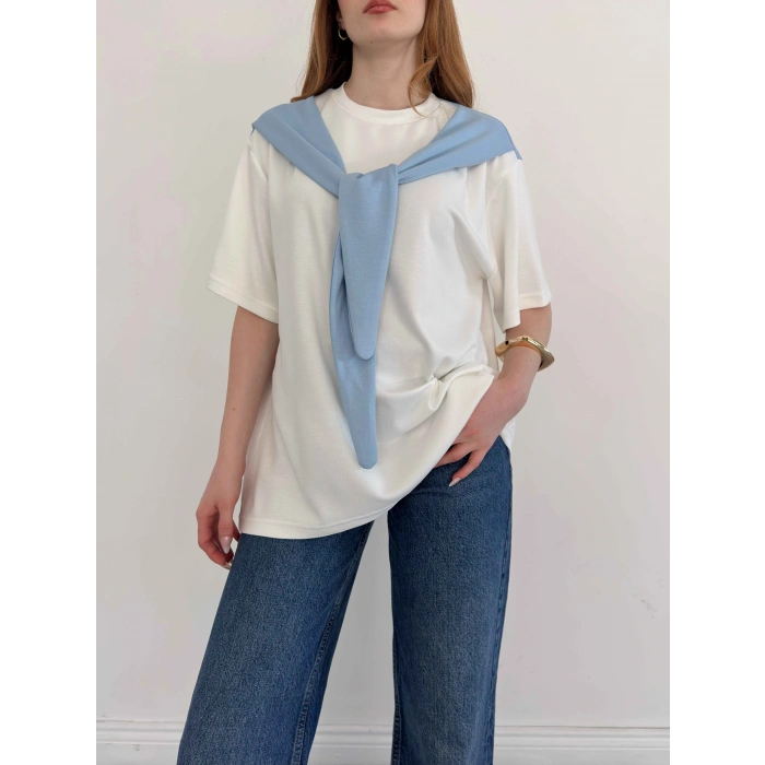 Omuzdan Bağlama Detaylı Oversize Tişört Mavi