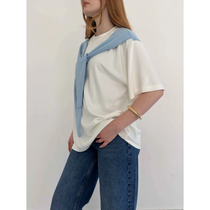 Omuzdan Bağlama Detaylı Oversize Tişört Mavi