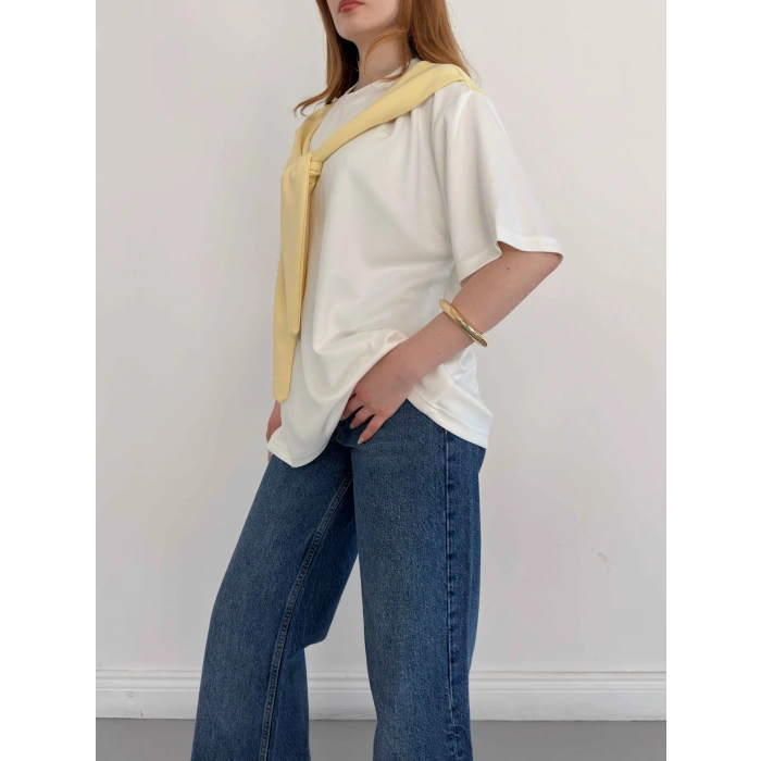 Omuzdan Bağlama Detaylı Oversize Tişört Sarı