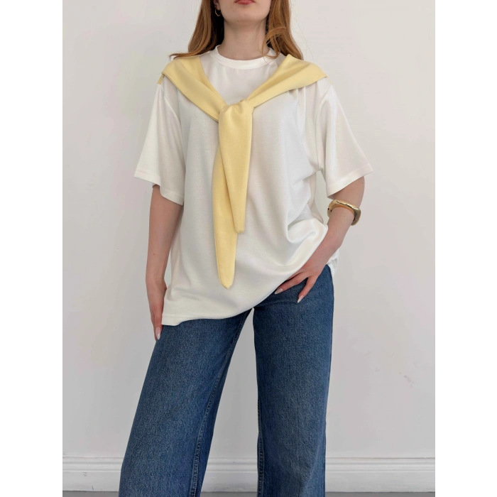 Omuzdan Bağlama Detaylı Oversize Tişört Sarı