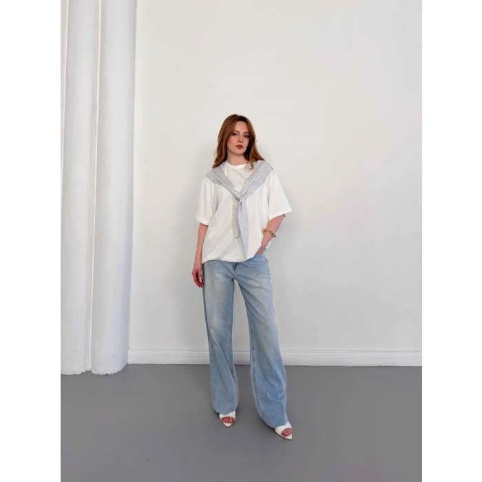 Omuzdan Bağlama Detaylı Oversize Tişört Gri