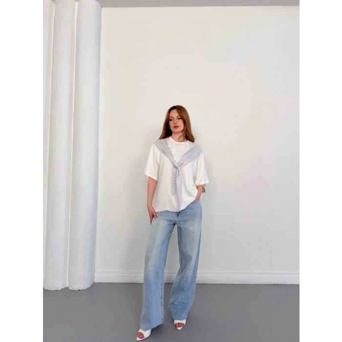 Omuzdan Bağlama Detaylı Oversize Tişört Gri