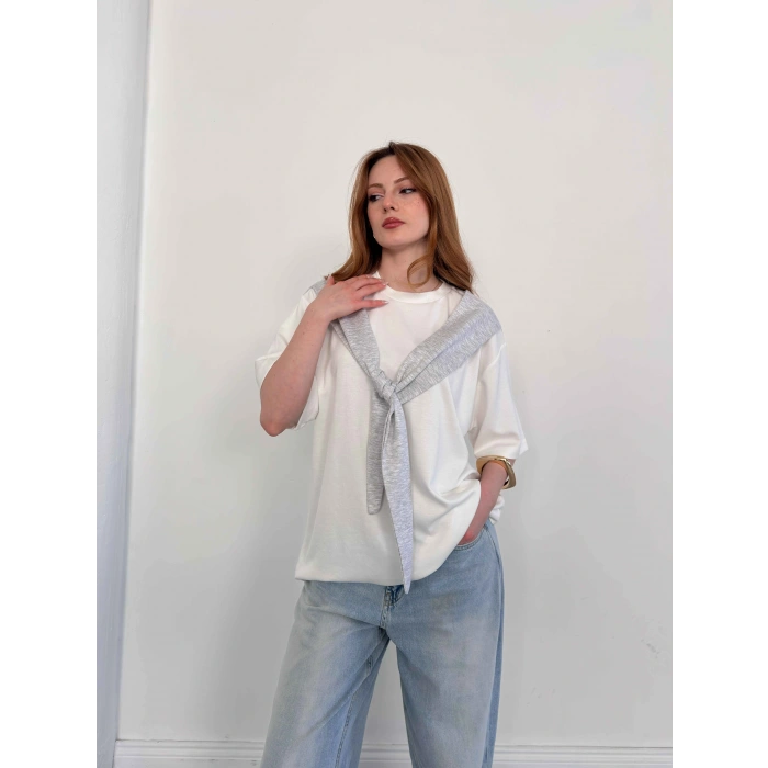 Omuzdan Bağlama Detaylı Oversize Tişört Gri