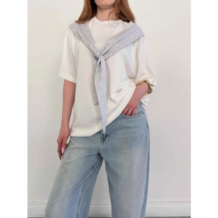 Omuzdan Bağlama Detaylı Oversize Tişört Gri