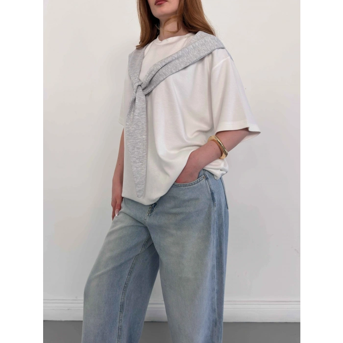 Omuzdan Bağlama Detaylı Oversize Tişört Gri