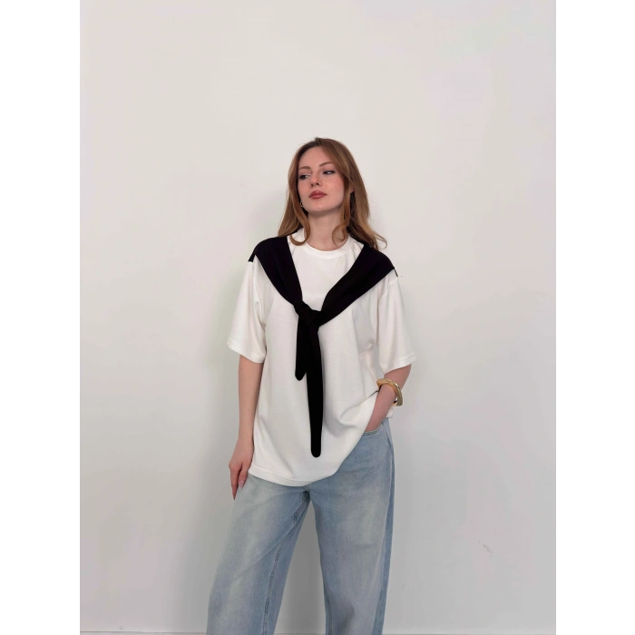 Omuzdan Bağlama Detaylı Oversize Tişört Siyah