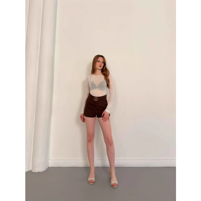 Kemer Detaylı Şort Kahve
