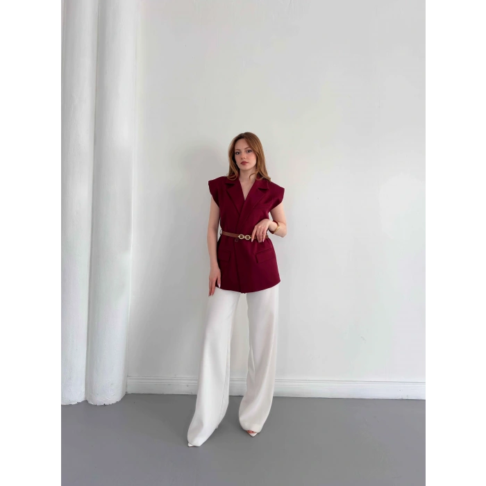 Kemer Detaylı Kruvaze Yaka Yelek Bordo