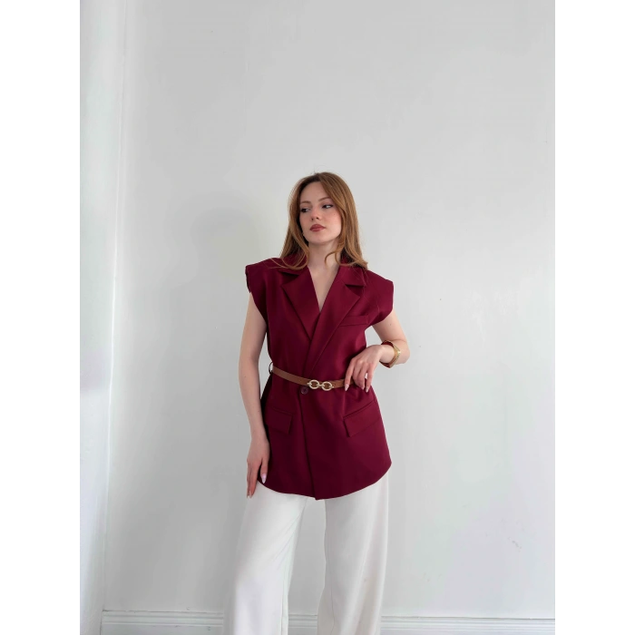 Kemer Detaylı Kruvaze Yaka Yelek Bordo