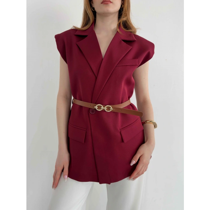 Kemer Detaylı Kruvaze Yaka Yelek Bordo